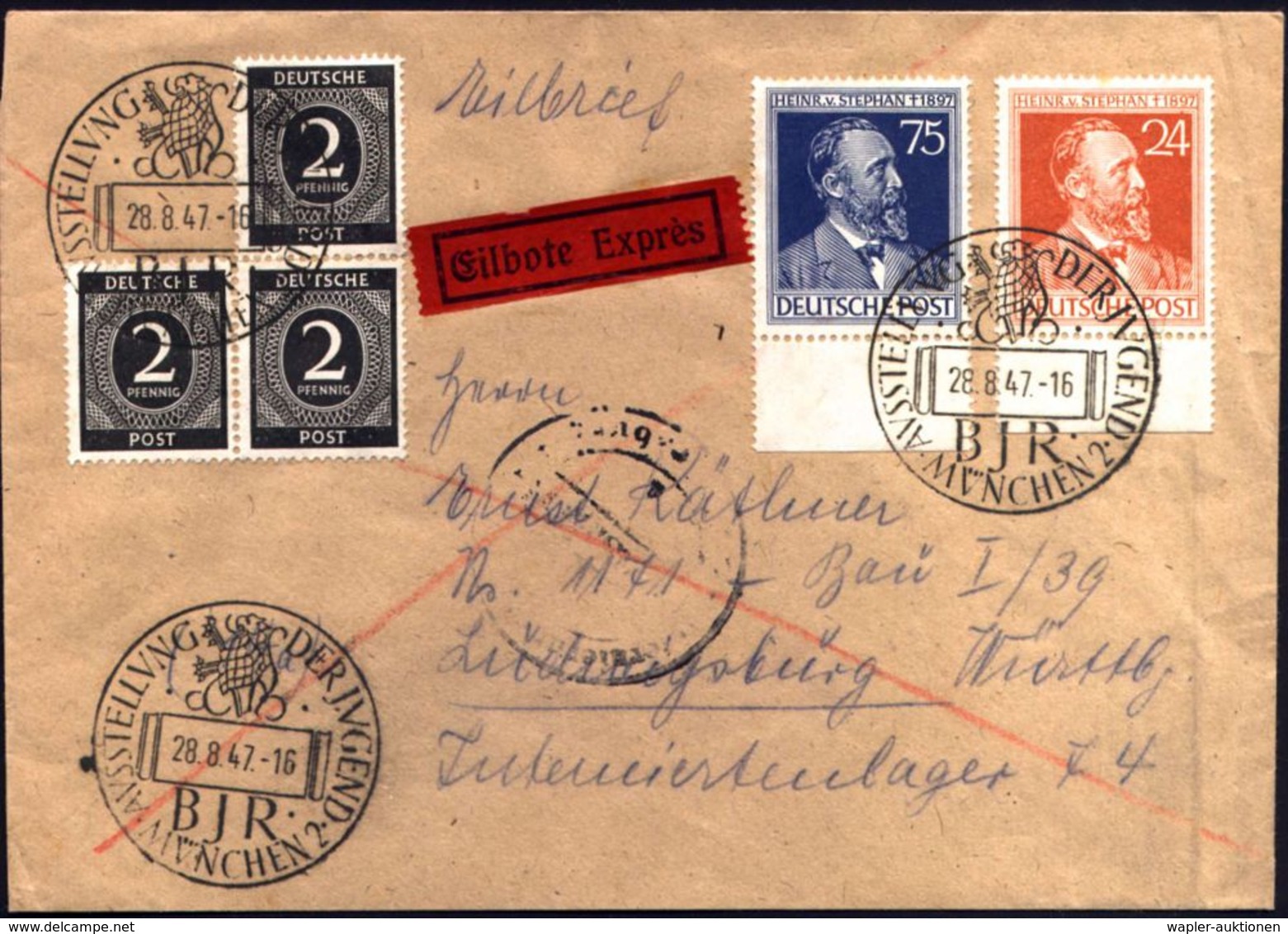 MÜNCHEN 2/ BJR/ AVSSTELLVNG DER JVGEND 1947 (28.8.) Seltener SSt., Type I = Wappenlöwe (oben Mit 2 Vierecken) 3x Auf Bed - Autres & Non Classés