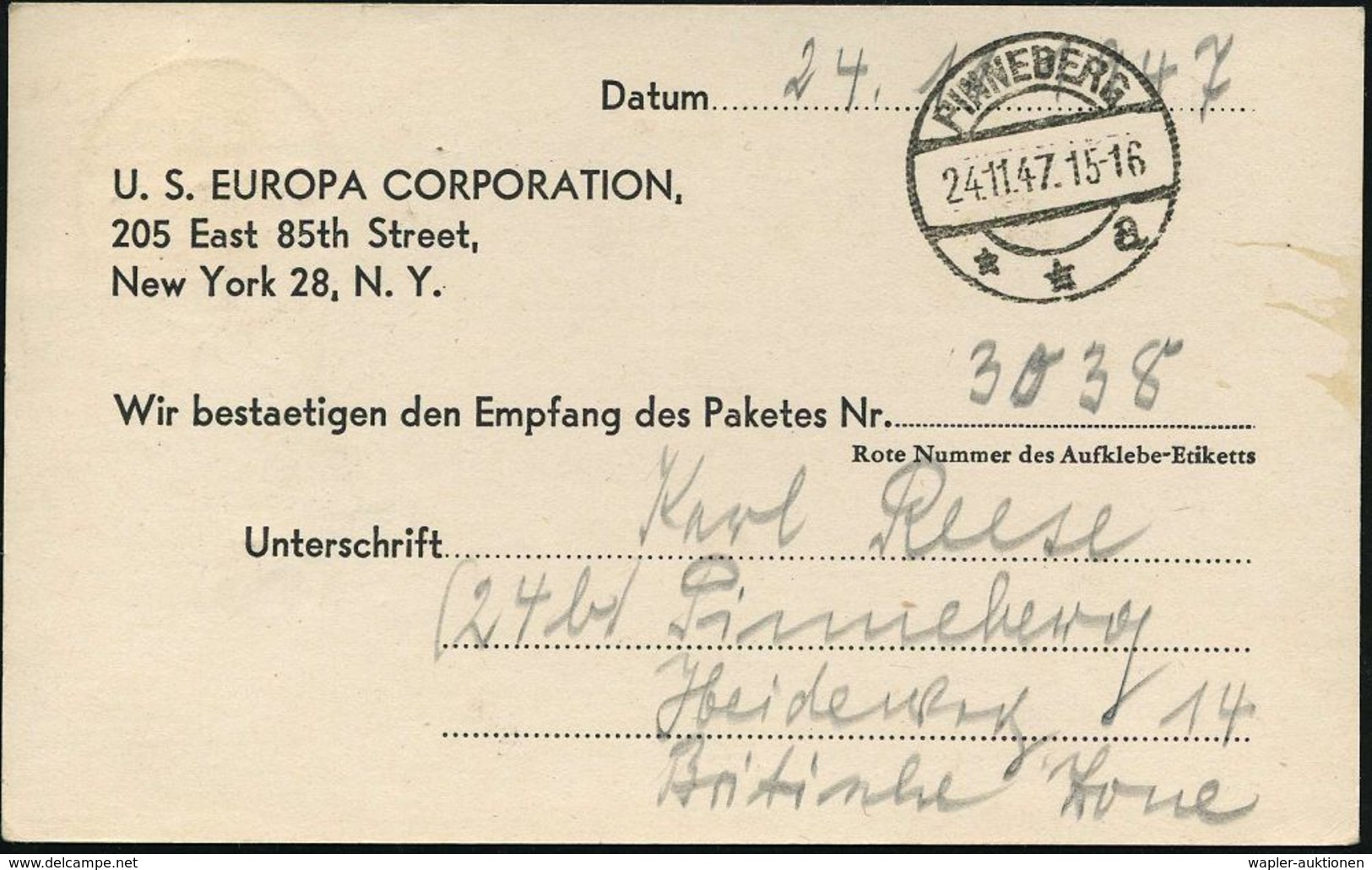 PINNEBERG/ **a 1947 (24.11.) 1K-Steg Auf EF 12 Pf. Arbeiter, Dienst-Kt.: U.S. EUROPA CORPORATION/..NEW YORK 28.. = CARE- - Sonstige & Ohne Zuordnung