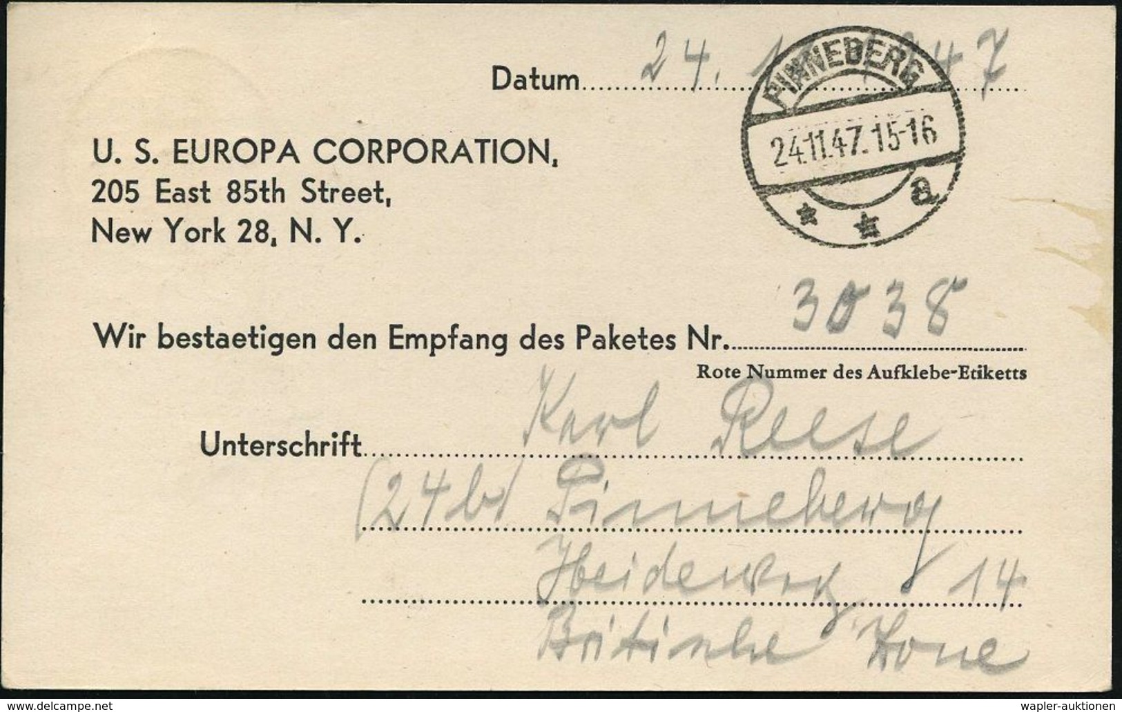 PINNEBERG/ **a 1947 (24.11.) 1K-Steg Auf EF 12 Pf. Arbeiter, Dienst-Kt.: U.S. EUROPA CORPORATION/..NEW YORK 28.. = CARE- - Autres & Non Classés
