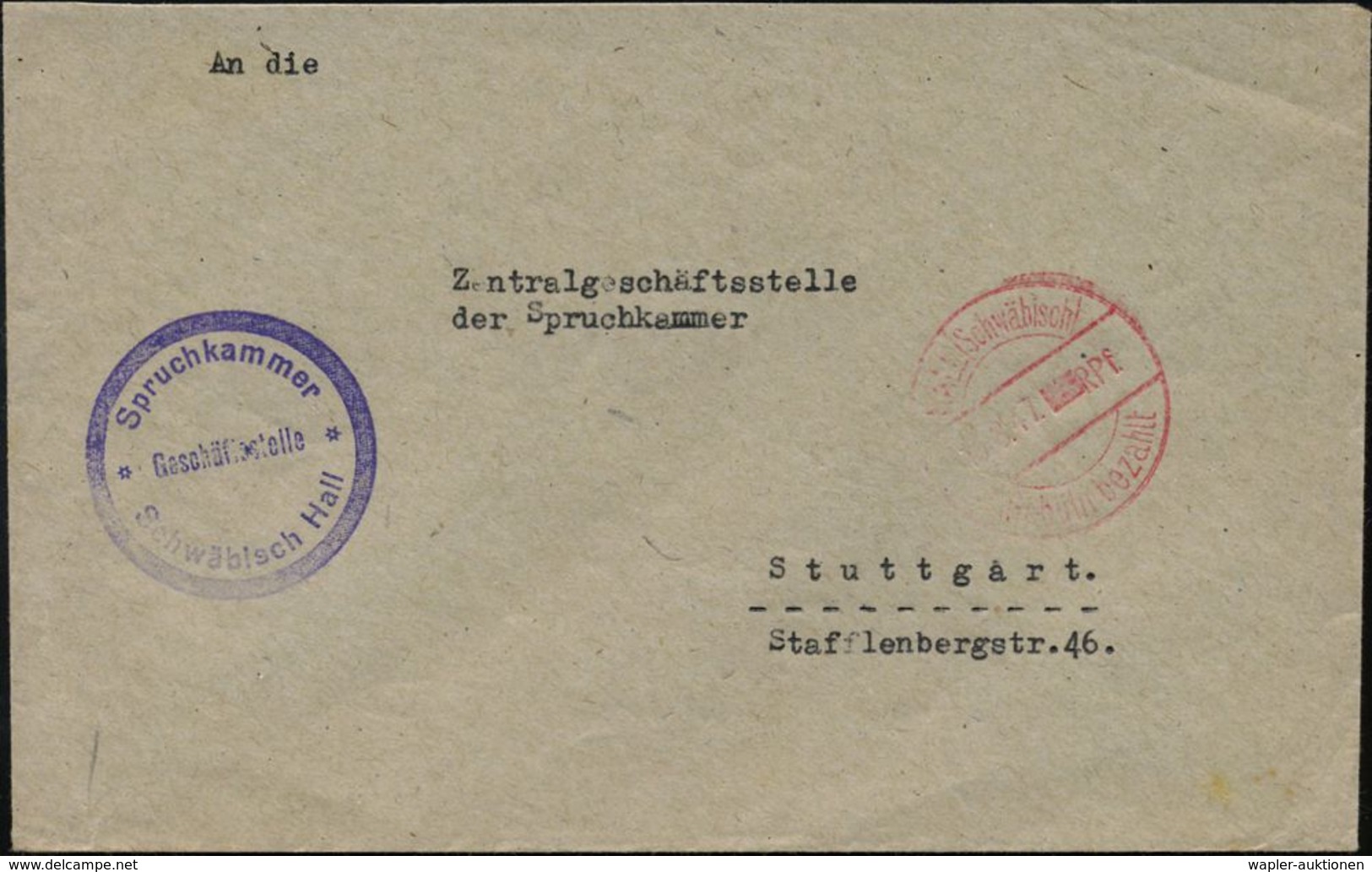 Schwäbisch-Hall 1947 (16.8.) Roter 1K-BrückenSt.: HALL (Schwäbisch)/...RPf./Gebühr Bezahlt (Wertangabe Geblockt) + Viol. - Autres & Non Classés