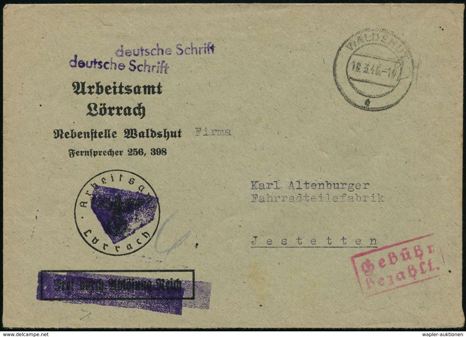 WALDSHUT/ E 1946 (18.3.) 2K + Roter Ra.2: Gebühr/bezahlt, Entnazifierter Dienstbr.: Arbeitsamt Lörrach/ Nebenstelle Wald - Autres & Non Classés