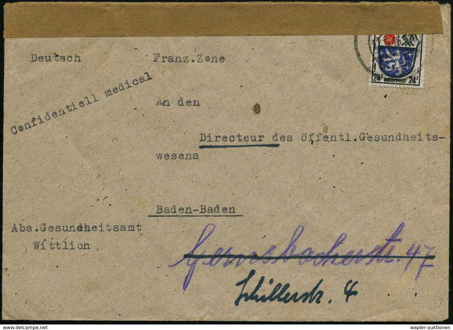 Wittlich 1946 (17.6.) 24 F. Freimarke, EF + Maschinenschriftl. Abs.: "Confidentiell Medical/Gesundheitsamt Wittlich" ,fe - Autres & Non Classés