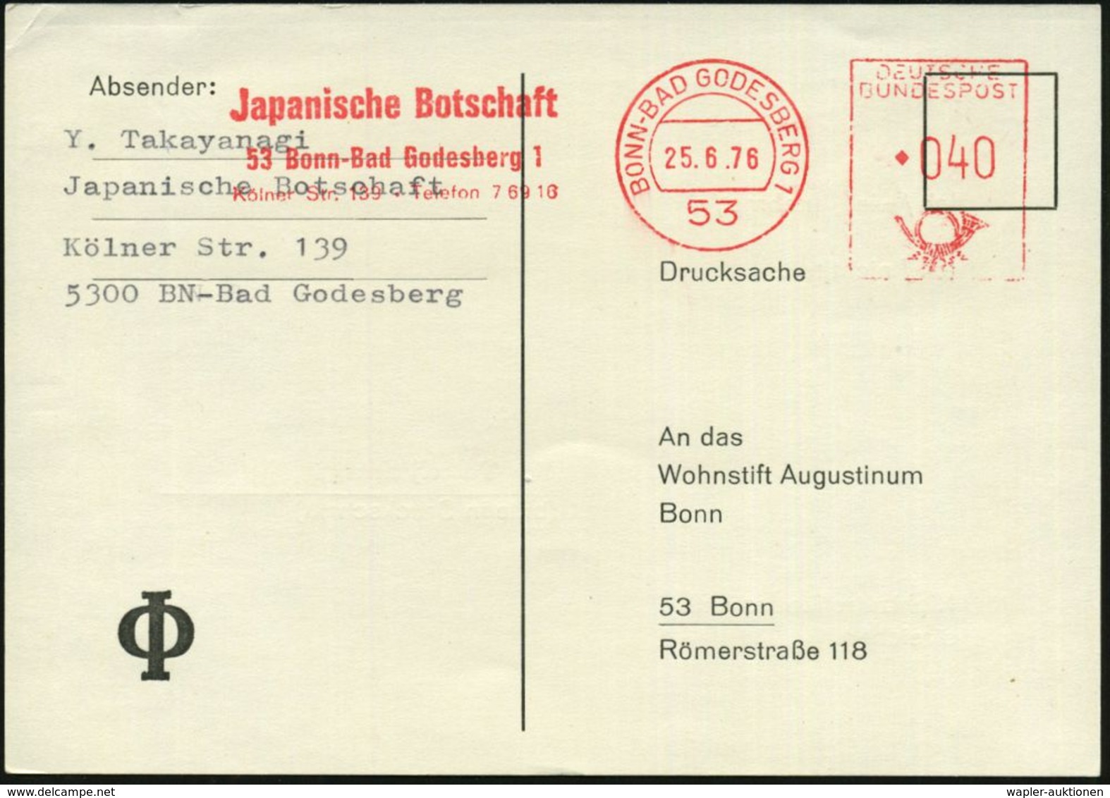 53 BONN-BAD GODESBERG 1/ Japanische Botschaft.. 1976 (25.6.) AFS Klar Auf Orts-Kt. (Dü.E-26) - Natur- & Umweltschutz / N - Autres & Non Classés