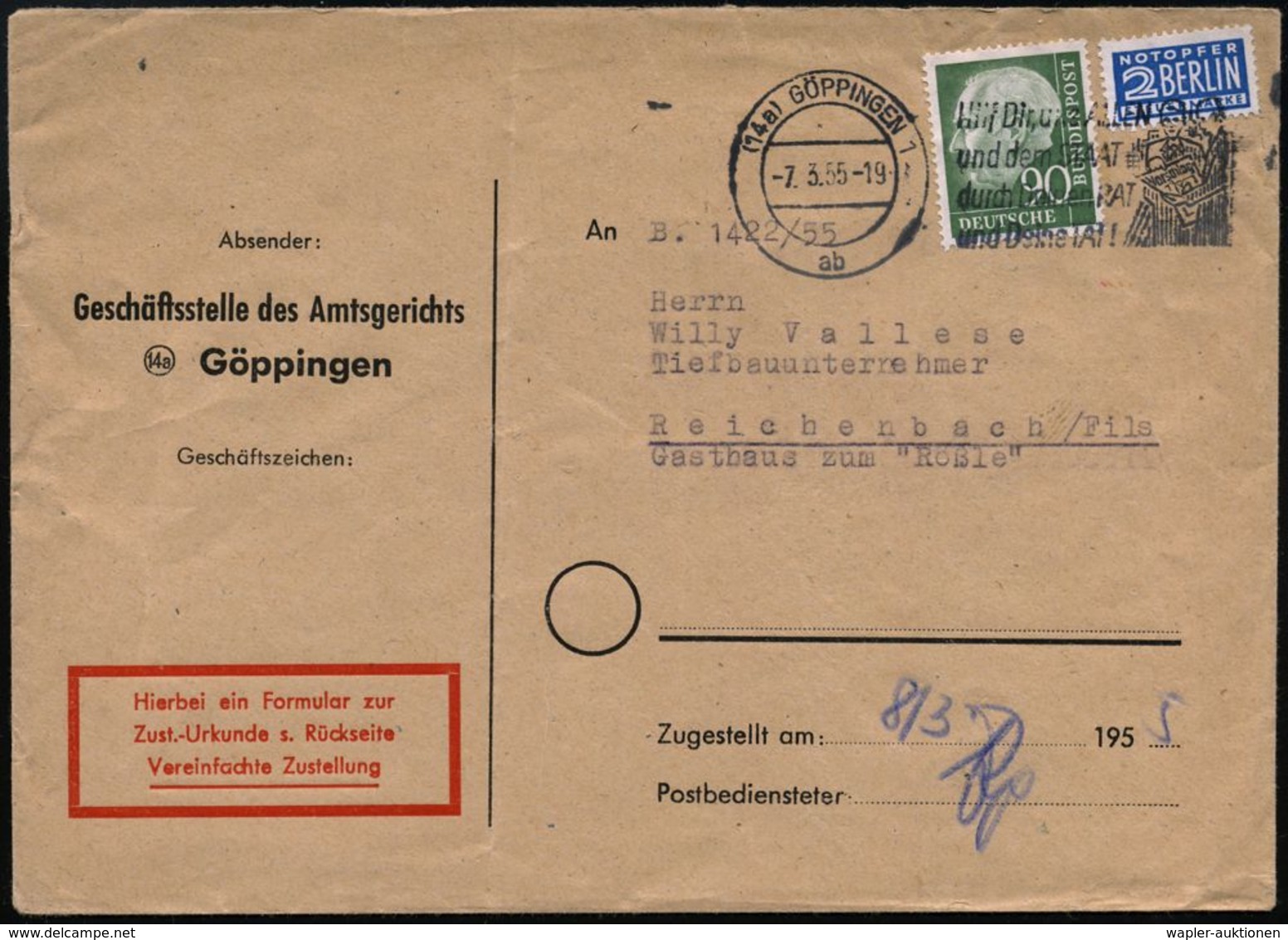 (14a) GÖPPINGEN 1/ Ab/ Hilf Dir,uns ALLEN/ U.dem STAAT.. 1955 (7.3.) MWSt Auf EF 90 Pf. Heuss + 2 Pf. NoB (Mi.193 EF, +  - Autres & Non Classés