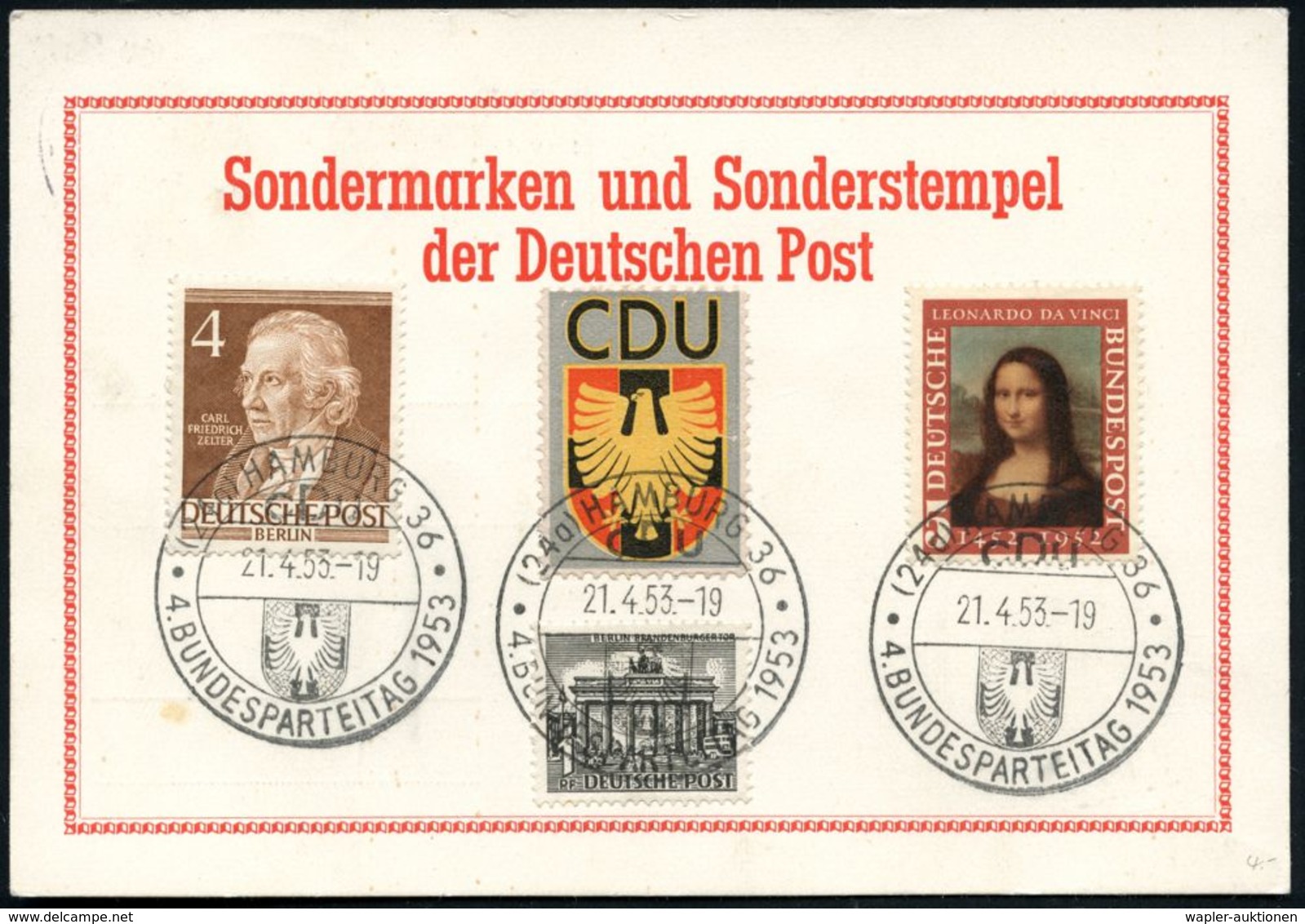 (21a) HAMBURG 36/ CDU/ 4.BUNDESPARTEITAG 1953 (21.4.) SSt (CDU-Wappen) 3x + Motivgl. CDU-Vignette Rs. Auf Sonderkarte, N - Altri & Non Classificati