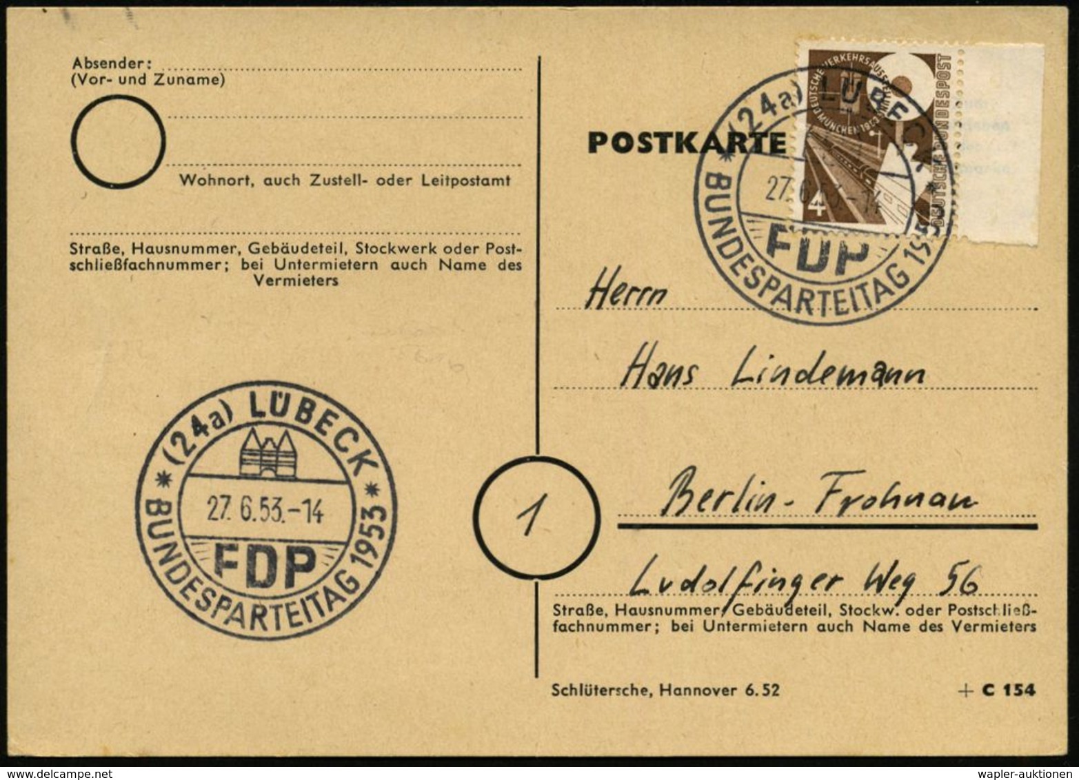 (24a) LÜBECK/ FDP/ BUNDESPARTEITAG 1953 (27.6.) SSt (Holstentor) Auf IVA 4 Pf. (Mi.167 EF, + 20.-EUR) Inl.-Kt. (Bo.23) - - Altri & Non Classificati