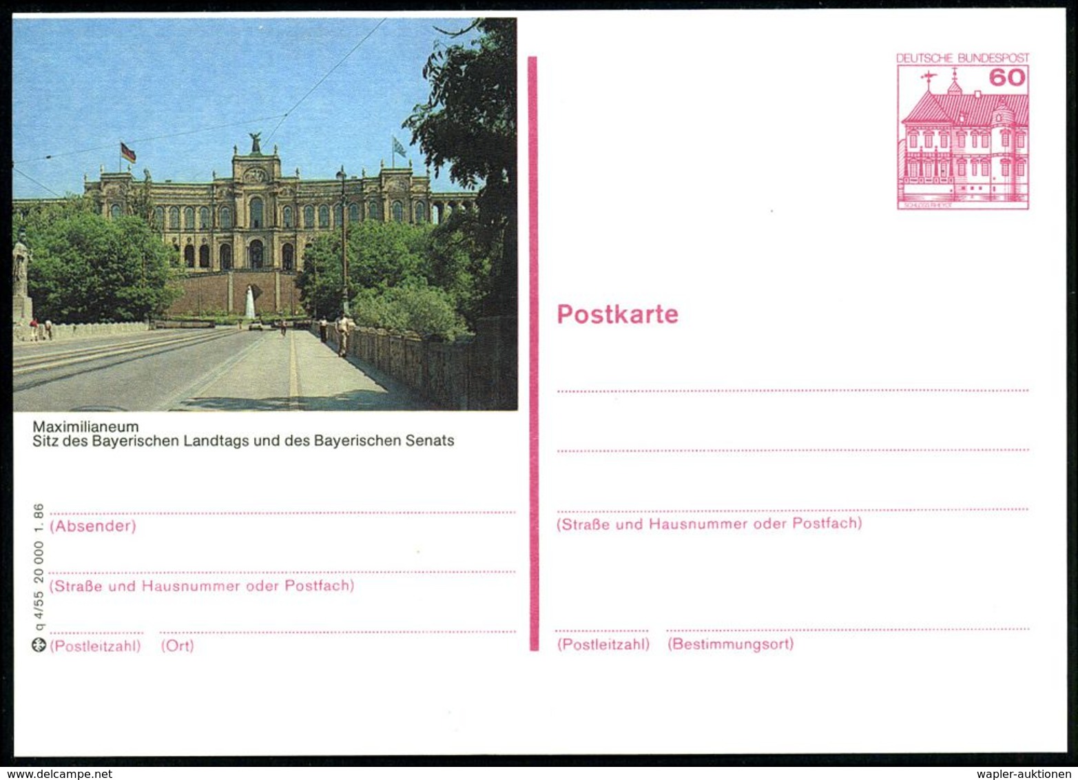 8000 MÜNCHEN 85/ BAYERISCHER/ LAND TAG 1989 (10.8.) HWSt = Maximilianeum (Landtag) Und BiP 60 Pf. Burgen, Lilarot: Maxim - Autres & Non Classés