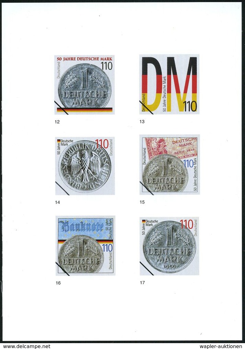 B.R.D. 1998 (Mai) 110 Pf. "50 Jahre DM", 23 Verschied. Color-Alternativ-Entwürfe Der Bundesdruckerei Auf 4 Entwurfs-Blät - Autres & Non Classés