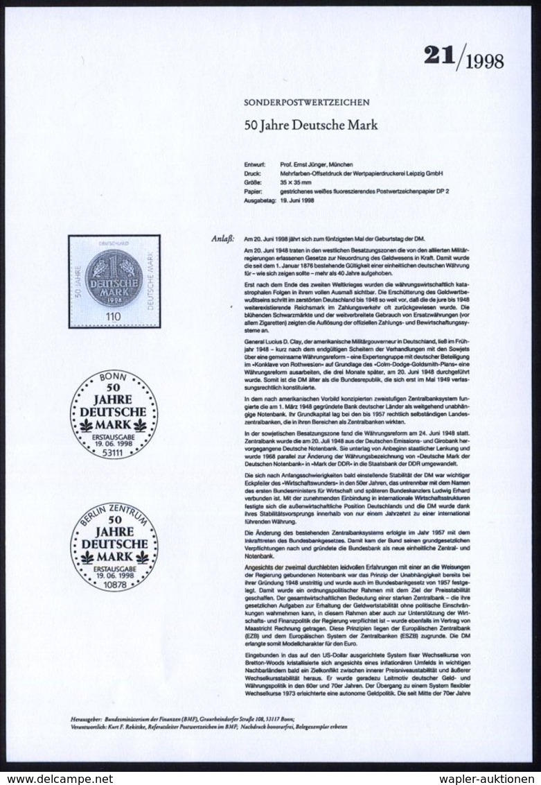 B.R.D. 1998 (Juni) 110 Pf. "50 Jahre DM" Mit Amtl. Handstempel "M U S T E R" , Postfr. + Amtl. Ankündigungsblatt Der Bun - Autres & Non Classés