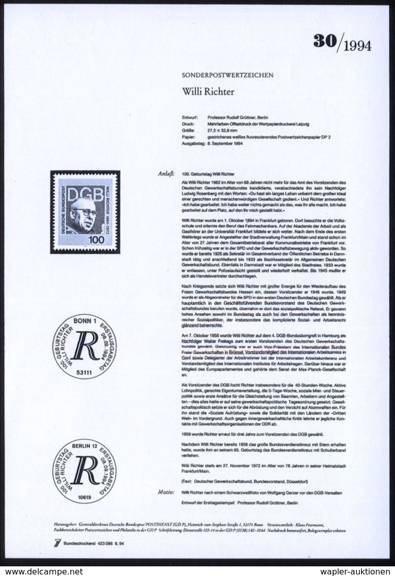 B.R.D. 1994 (Sept.) 100 Pf. "100. Geburtstag Willi Richter" (Gewerkschaftler, SPD) Mit Amtl. Handstempel  "M U S T E R"  - Autres & Non Classés