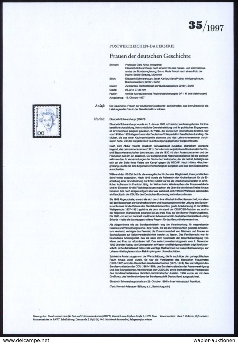 B.R.D. 1997 (Okt.) 100 Pf. "Elisabeth Schwarzhaupt" (CDU) Mit Amtl. Handstempel  "M U S T E R" , Postfr. + Amtl. Ankündi - Autres & Non Classés