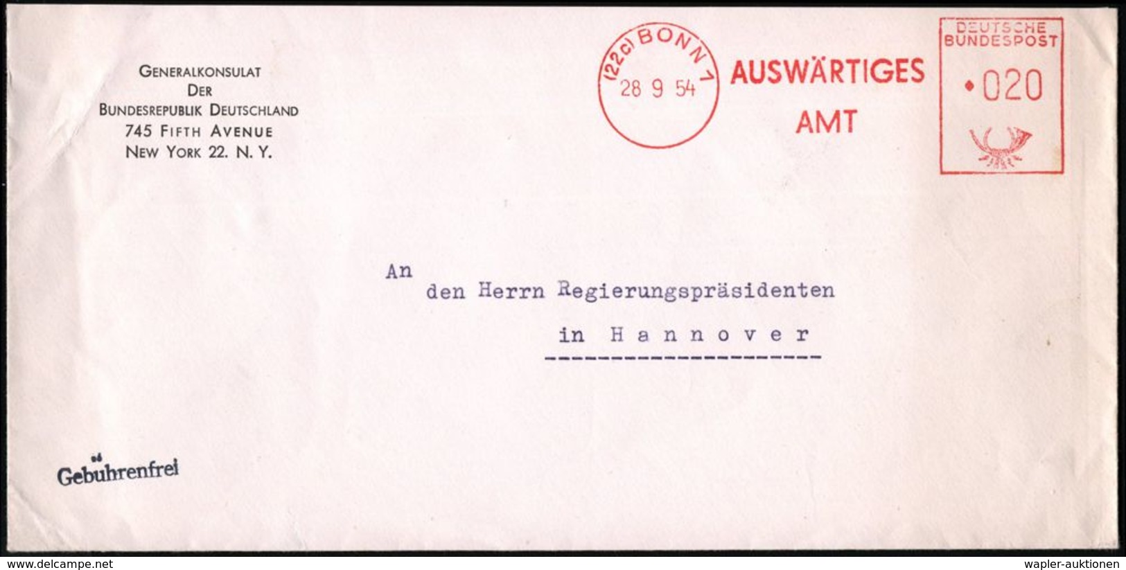 (22c) BONN 1/ AUSWÄRTIGES/ AMT 1954 (28.9.) AFS 020 Pf. Auf Dienst-Bf.: GENERALKONSULAT NEW YORK = Inl.-Tarif ! , Da Dip - Autres & Non Classés