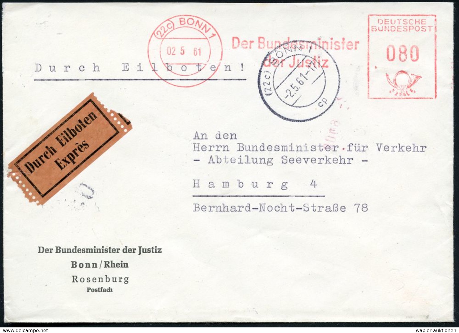 (22c) BONN 1/ Der Bundesminister/ Der Justiz 1961 (2.5.) AFS 080 Pf. + 2K-Steg: (22c) BONN 1/cp Auf Dienst-Bf.: Der Bund - Autres & Non Classés