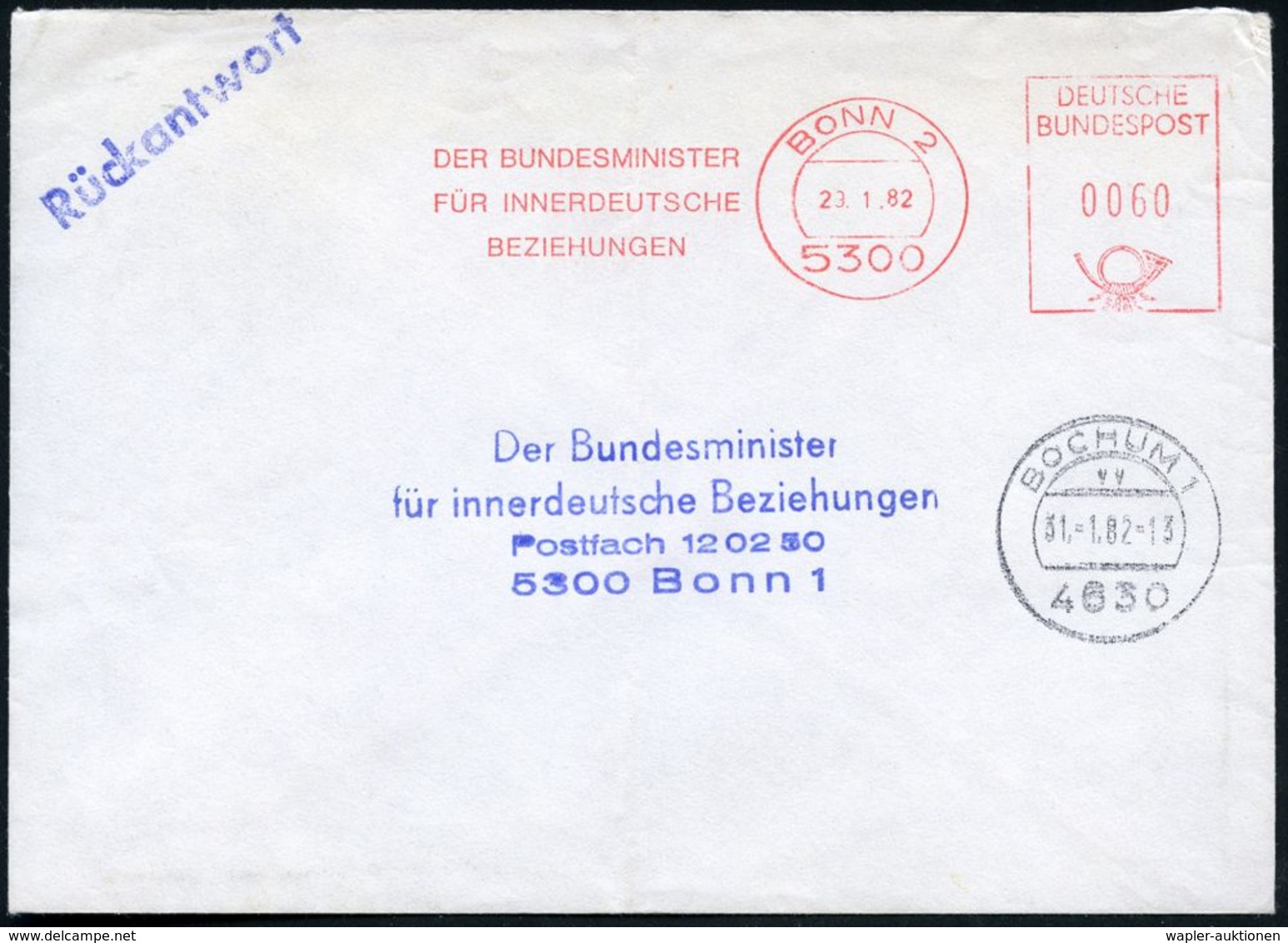 5300 BONN 2/ DER BUNDESMINISTER/ FÜR INNERDEUTSCHE/ BEZIEHUNGEN 1982 (29.1.) AFS Auf Vorausfrankierten Antwortbf. (daher - Autres & Non Classés