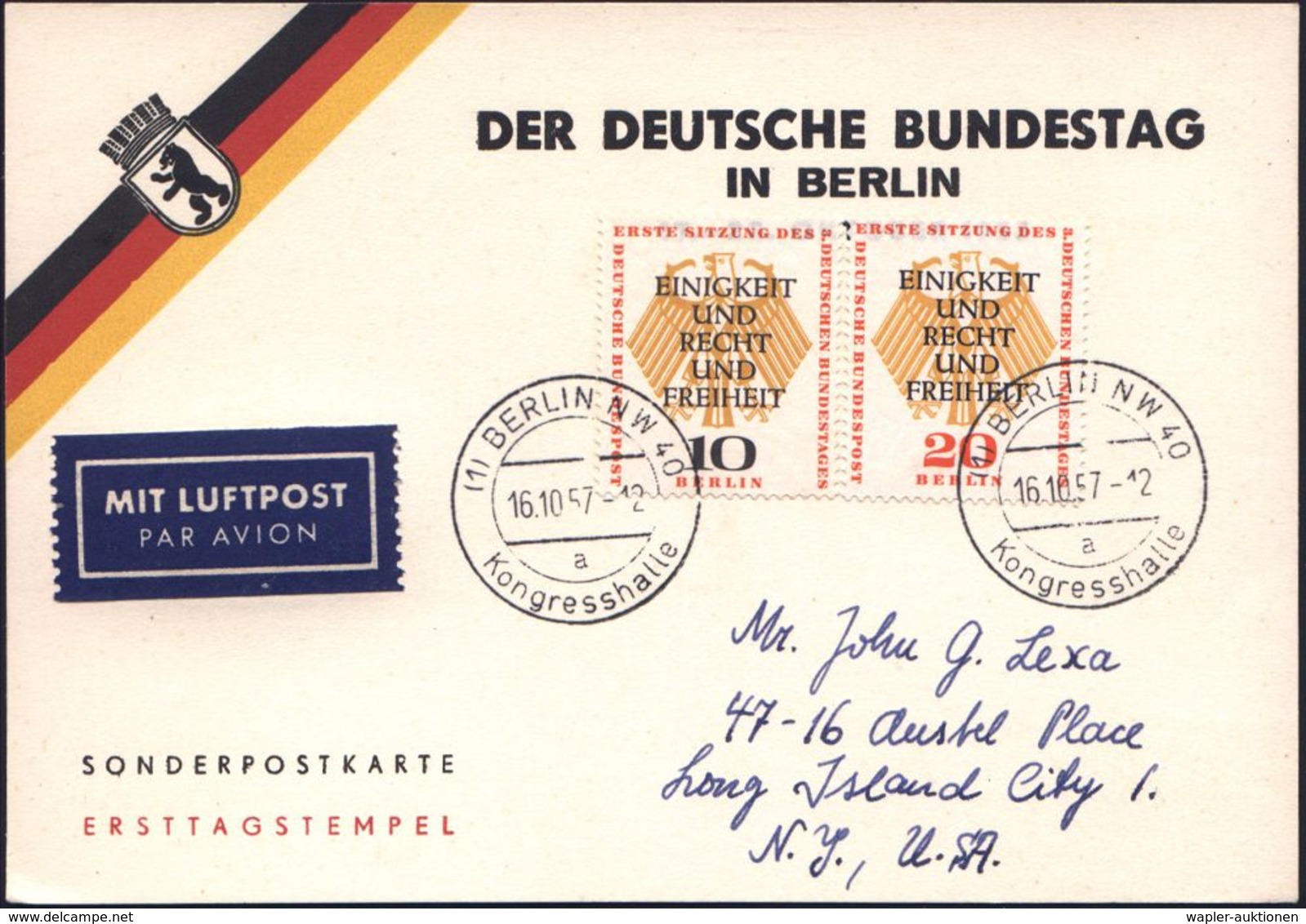 (1) BERLIN NW 40/ A/ Kongresshalle 1957 (16.10.) 2K-Steg = Hauspostamt Kongreßhalle (= Veranstaltungsort Bundestags-Sitz - Autres & Non Classés