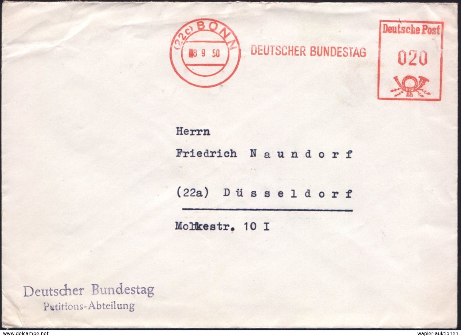 (22c) BONN/ DEUTSCHER BUNDESTAG 1950 (8.9.) Seltener AFS + Viol. 2L: Deutscher Bundestag/ Petitions-Abteilung , Klar Ges - Autres & Non Classés