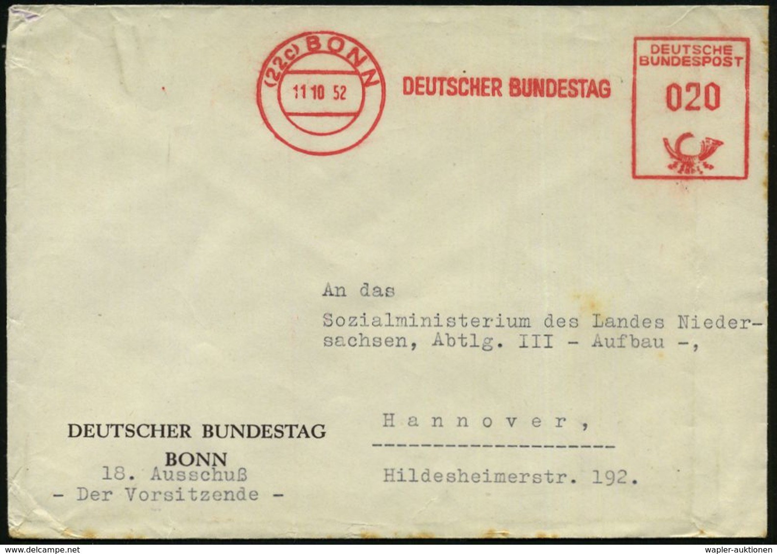 (22c) BONN/ DEUTSCHER BUNDESTAG 1952 (11.10.) AFS Auf Dienst-Bf.: DEUTSCHER BUNDESTAG BONN + Zusatz "18. Ausschuß.." (Dü - Autres & Non Classés