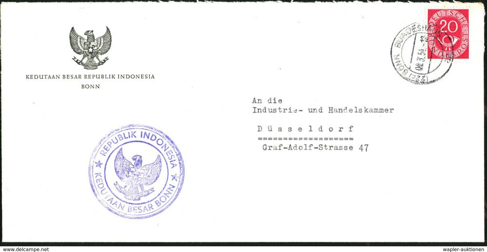 (22c) BONN  B U N D E S H A U S /  Aa 1954 (4.3.) 2K-Steg = Hauspostamt Bundestag + Viol. 3K-Siegel-HdN: REPUBLIK INDO-N - Autres & Non Classés