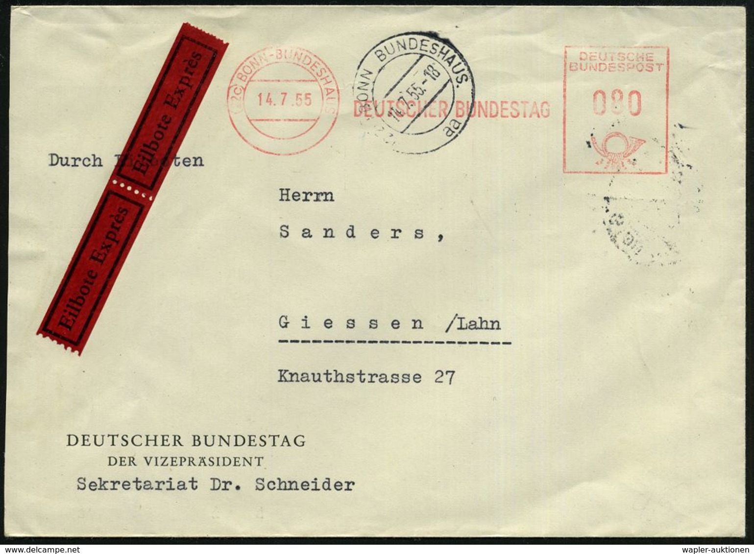 (22c) BONN-BUNDESHAUS/ DEUTSCHER BUNDESTAG 1955 (14.7.) AFS 080 Pf. + 2K: (22 C) BONN BUNDESHAUS/aa = Hauspostamt , Dien - Sonstige & Ohne Zuordnung