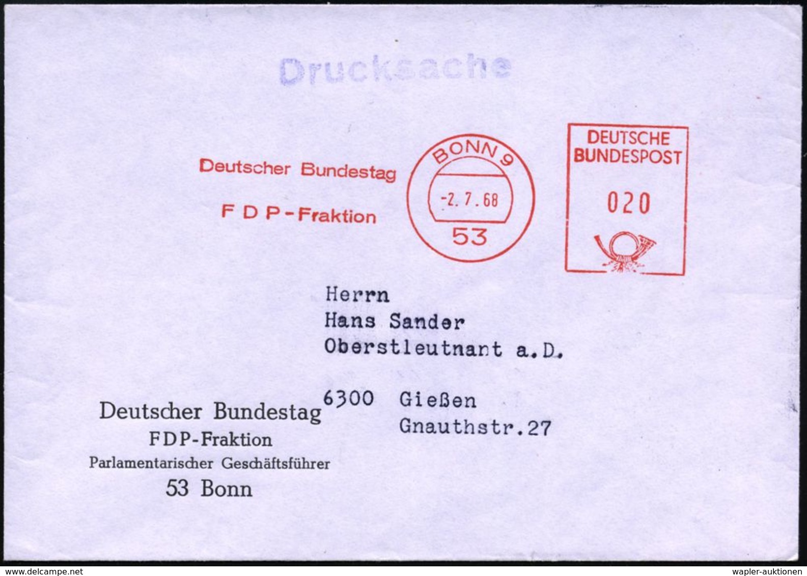 53 BONN 9/ Deutscher Bundestag/ FDP-Fraktion 1968 (2.7.) AFS Auf Dienst-Bf.: FDP-Fraktion, Parlamentar. Geschäftsführer. - Autres & Non Classés