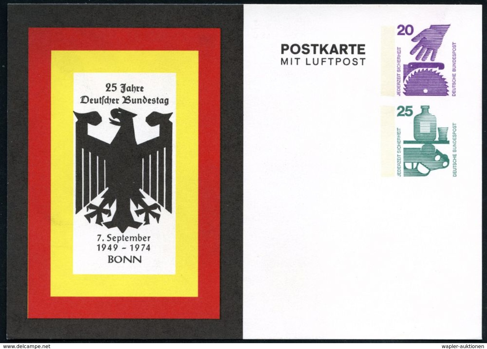 Bonn 1974 Flp.-PP 20 Pf.+ 25 Pf. Unfall: 25 Jahre Deutscher Bundestag Bonn (Adler In Schwarz-Rot-Gold) Ungebr. (Mi.PP 77 - Autres & Non Classés