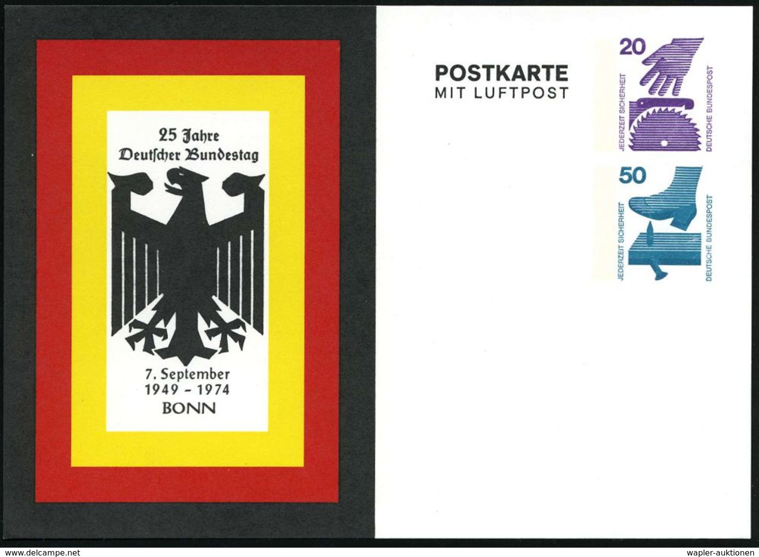 Bonn 1974 Flp.-PP 20 Pf.+ 50 Pf. Unfall: 25 Jahre Deutscher Bundestag Bonn (Adler In Schwarz-Rot-Gold) Ungebr. (Mi.PP 78 - Autres & Non Classés