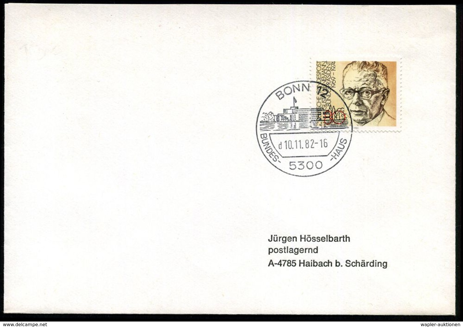 5300 BONN 12/ D/ BUNDES-HAUS 1982 (10.11.) HWSt = Hauspostamt Bundestag, UB "d" Auf EF 80 Pf. G. Heinemann = 3. Präsiden - Autres & Non Classés
