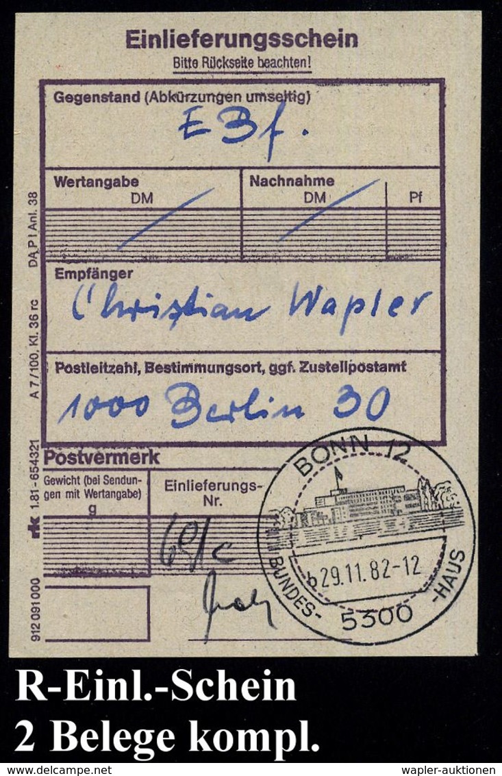 5300 BONN 12/ B/ BUNDES-HAUS 1982 (29.11.) HWSt = Hauspostamt Bundestag, UB "b" (Bundeshaus) Auf R-Einl.-Schein, Seltene - Otros & Sin Clasificación