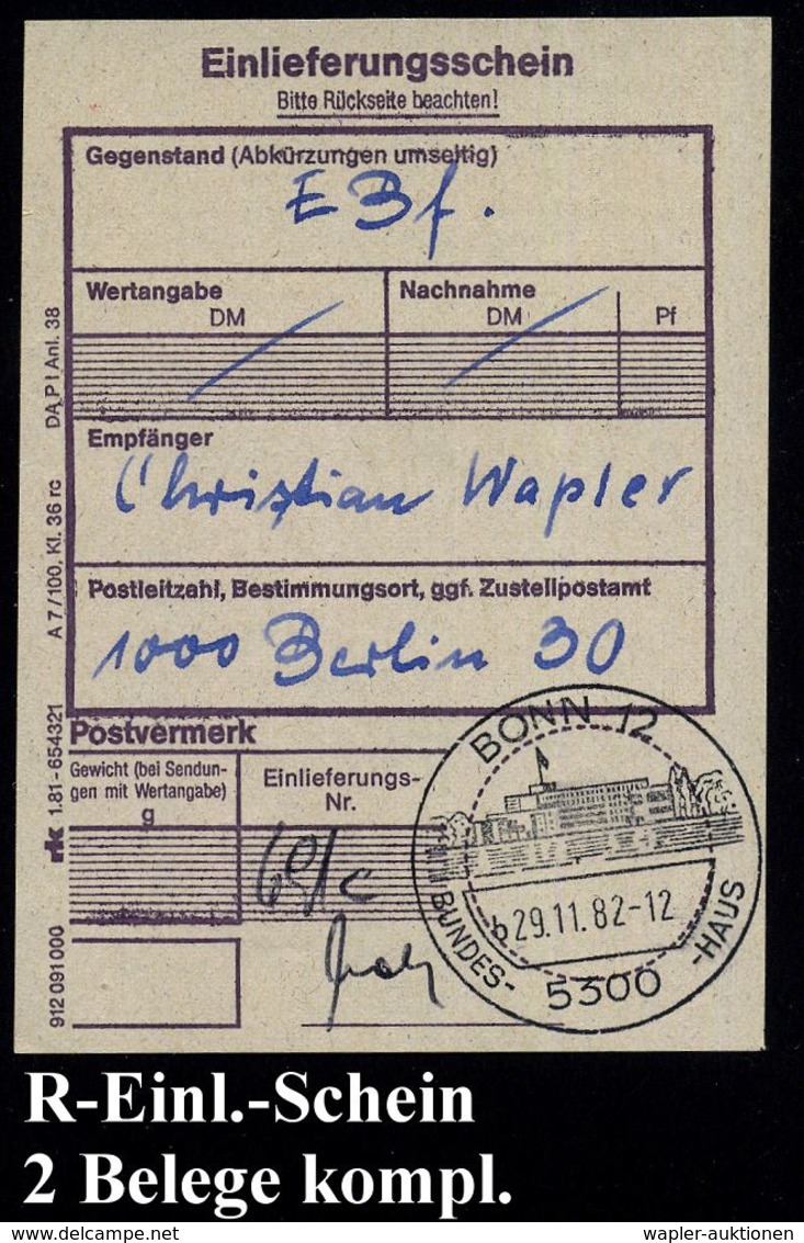 5300 BONN 12/ B/ BUNDES-HAUS 1982 (29.11.) HWSt = Hauspostamt Bundestag, UB "b" (Bundeshaus) Auf R-Einl.-Schein, Seltene - Autres & Non Classés