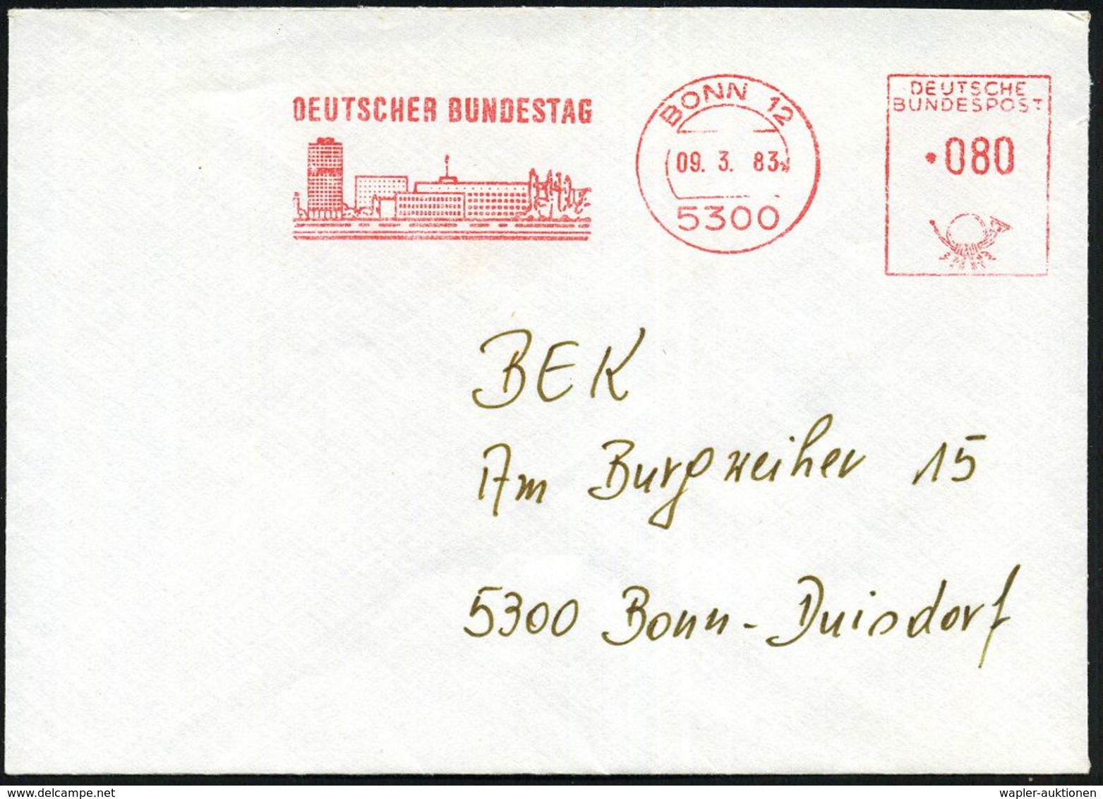 5300 BONN 12/ DEUTSCHER BUNDESTAG 1983 (9.3.) AFS = Hauspostamt Bundestag (Abb.: "Langer Eugen" U. Bundestag) Rs. Abs.-V - Autres & Non Classés