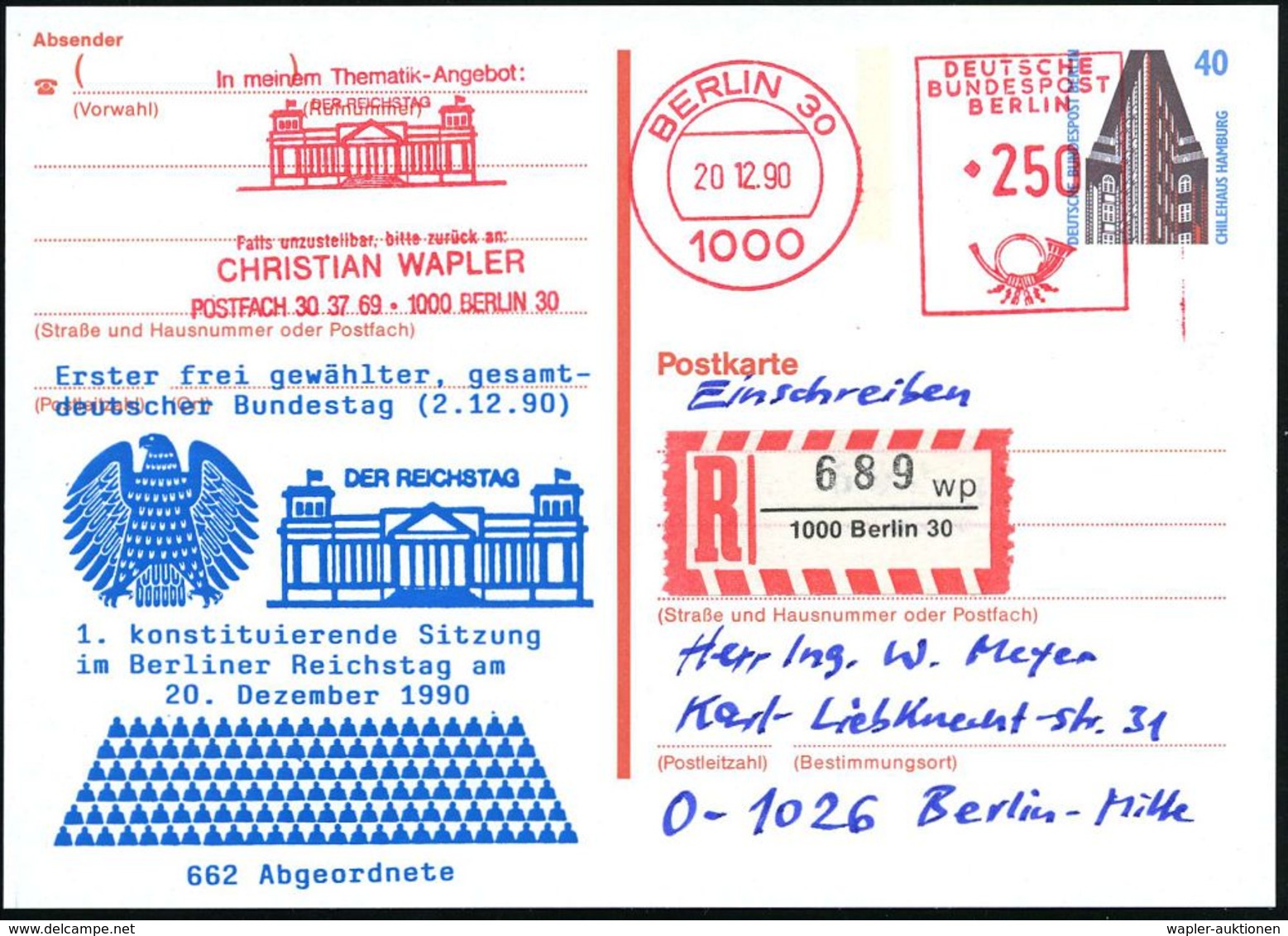 BERLIN 1990 (20.12.) Amtl. P 40 Pf. Chilehaus + Zudruck: 1. Konstituierende Sitzung Im Berliner Reichstag (Reichstag, Pl - Autres & Non Classés