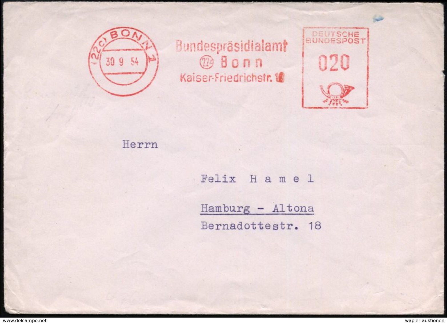 (22c) BONN 1/ Bundespräsidialamt.. 1954 (30.9.) AFS , Rs. Abs.-Vordr.: BUNDESPRÄSIDIALAMT (Präsident = Theodor Heuss, FD - Autres & Non Classés