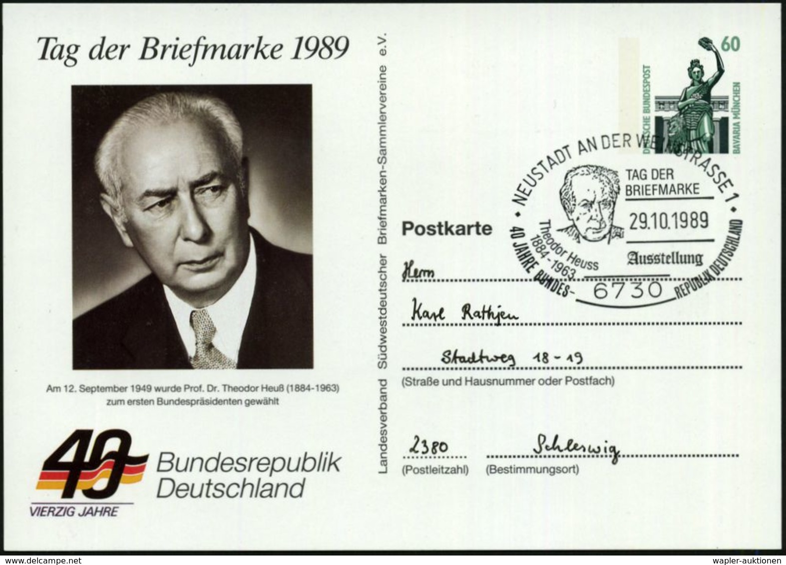 6730 NEUSTADT AN DER WEINSTRASSE 1/ TAG DER/ BRIEFMARKE/ Theodor Heuss.. 1989 (29.10.) SSt = Kopfbild Heuss Auf Motivgl. - Otros & Sin Clasificación