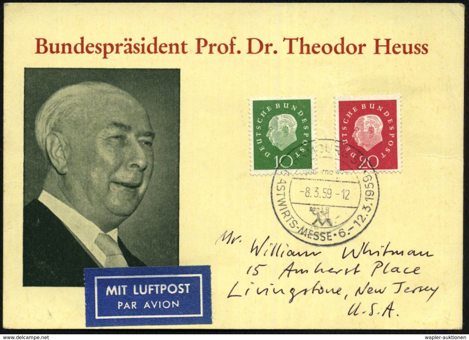 B.R.D. 1959 (8.3.) 10 U. 20 Pf. Heuss III , Sonderkarte: Bundespräs. Prof. Dt. Th. Heuss (Mi.303/04) + SSt.: HAMBURG 36/ - Autres & Non Classés