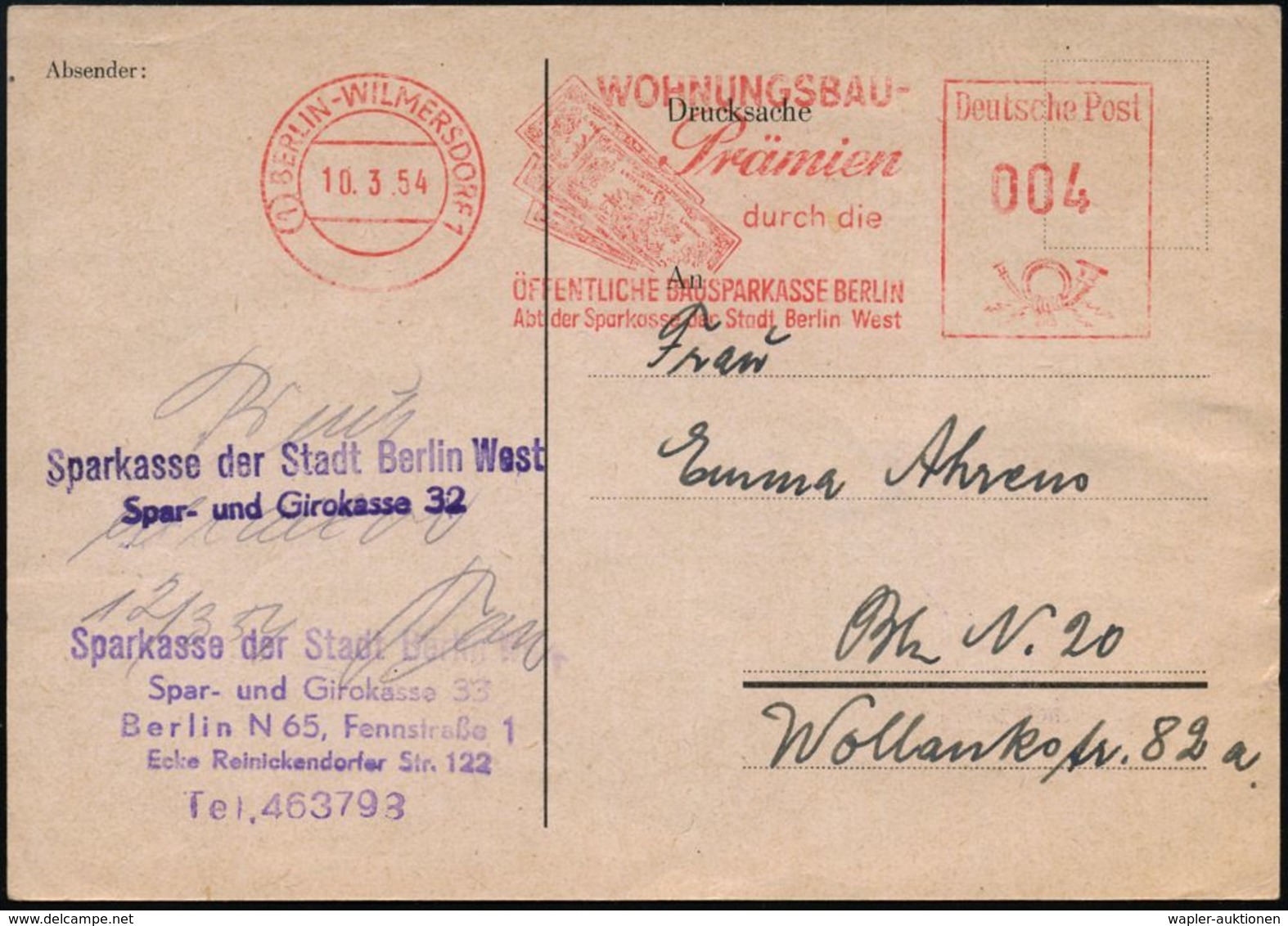 (1) BERLIN-WILMERSDORF 1/ Wohnungsbau-/ Prämien..Sparkasse Der Stadt Berlin West 1954 (10.3.) Deko-rativer AFS = Banknot - Autres & Non Classés