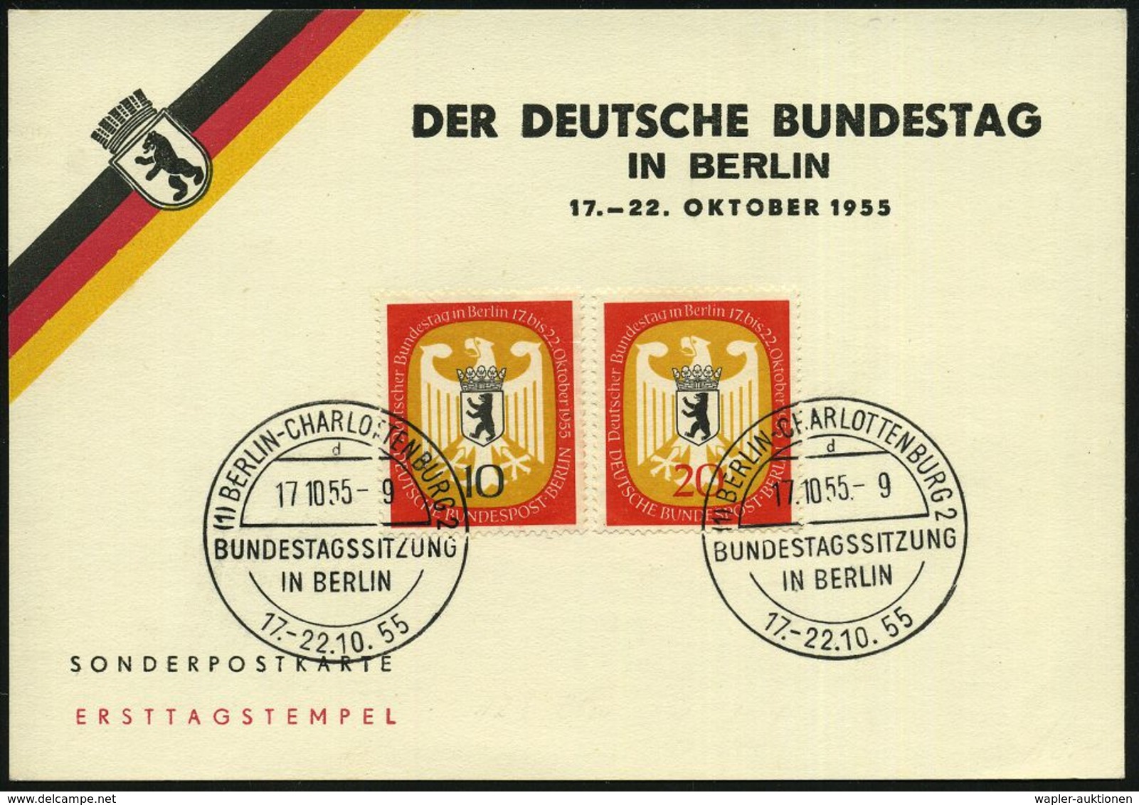 (1) BERLIN-CHARLOTTENBURG 2/ D/ BUNDESTAGSSITZUNG 1955 (17.10.) SSt Auf Kompl. Satz "Bundestag" (Mi.129/30 = Ersttag,+ 2 - Sonstige & Ohne Zuordnung