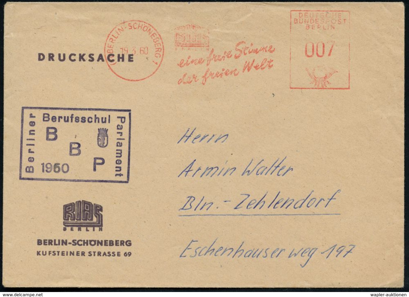 (1) BERLIN-SCHÖNEBERG 1/ RIAS/ Eine Freie Stimme/ Der Freien Welt 1960 (19.3.) AFS (Sender-Logo) = Radio Im Amerikan.Sek - Autres & Non Classés