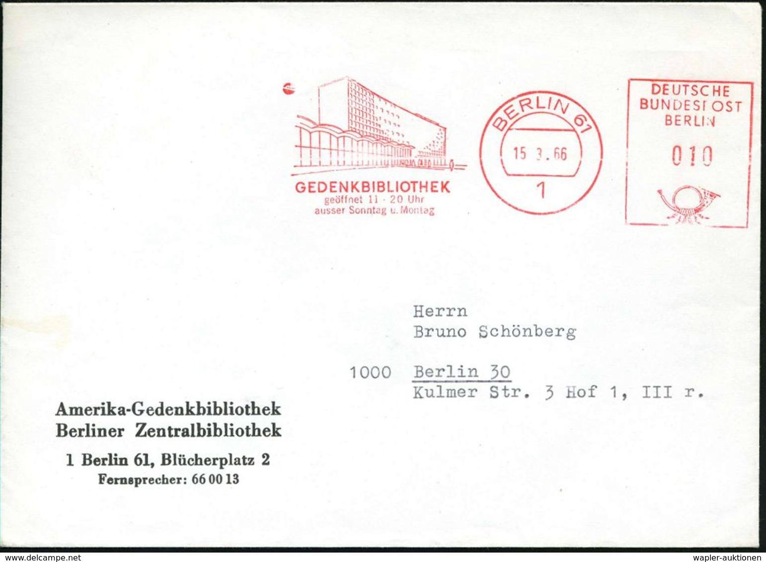 1 BERLIN 61/ GEDENKBIBLIOTHEK.. 1966 (15.3.) AFS = Amerika-Gedenkbibliothek , Orts-Vordr.-Bf. (Dü.E-27 Po) - Wasser- Und - Autres & Non Classés