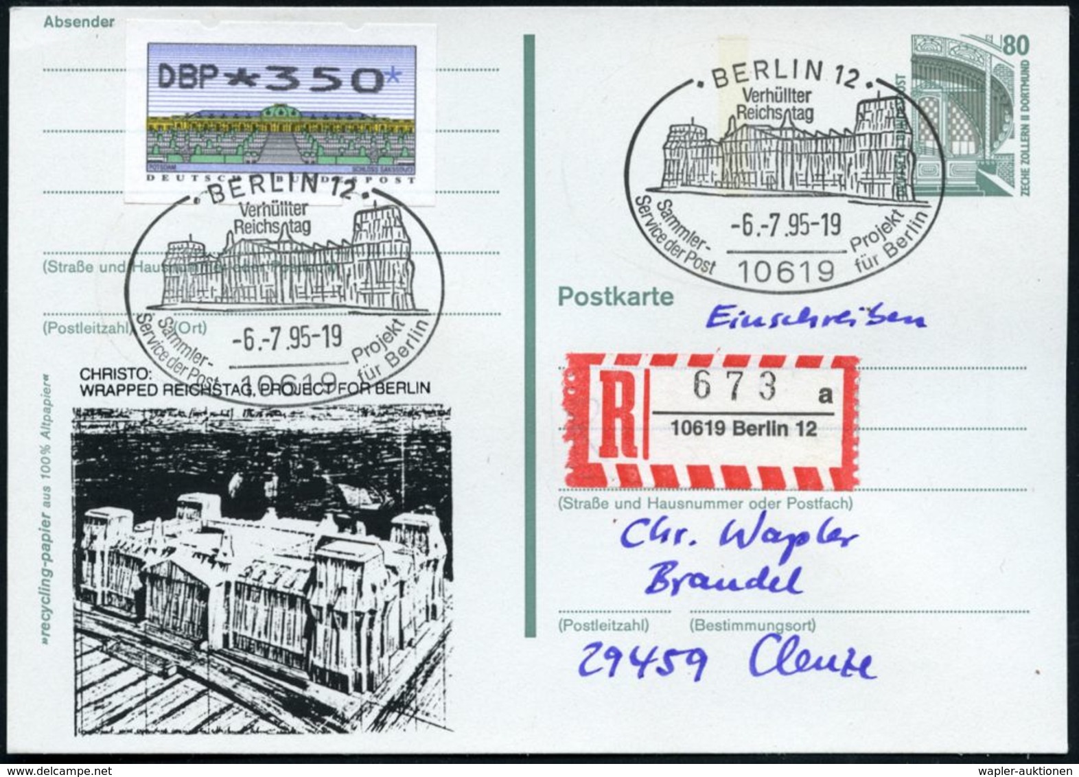 10619 BERLIN 12/ Verhüllter/ Reichstag 1995 (6.7.) SSt Auf Inl.-P 80 Pf. Burgen + Zudruck: Verhüllter Reichstag Von Chri - Autres & Non Classés