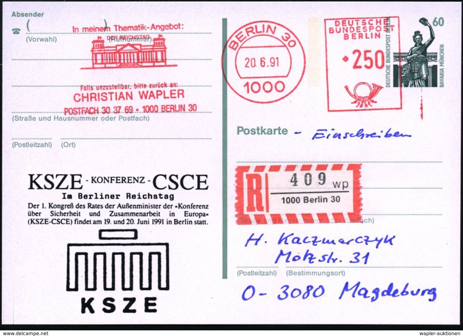 BERLIN 1991 (20.6.) Amtl. P 60 Pf. Bavaria + Zudruck: KSZE-Konferenz-CSCE / Im Berliner Reichstag.. (stilis.Brandenbg.To - Otros & Sin Clasificación