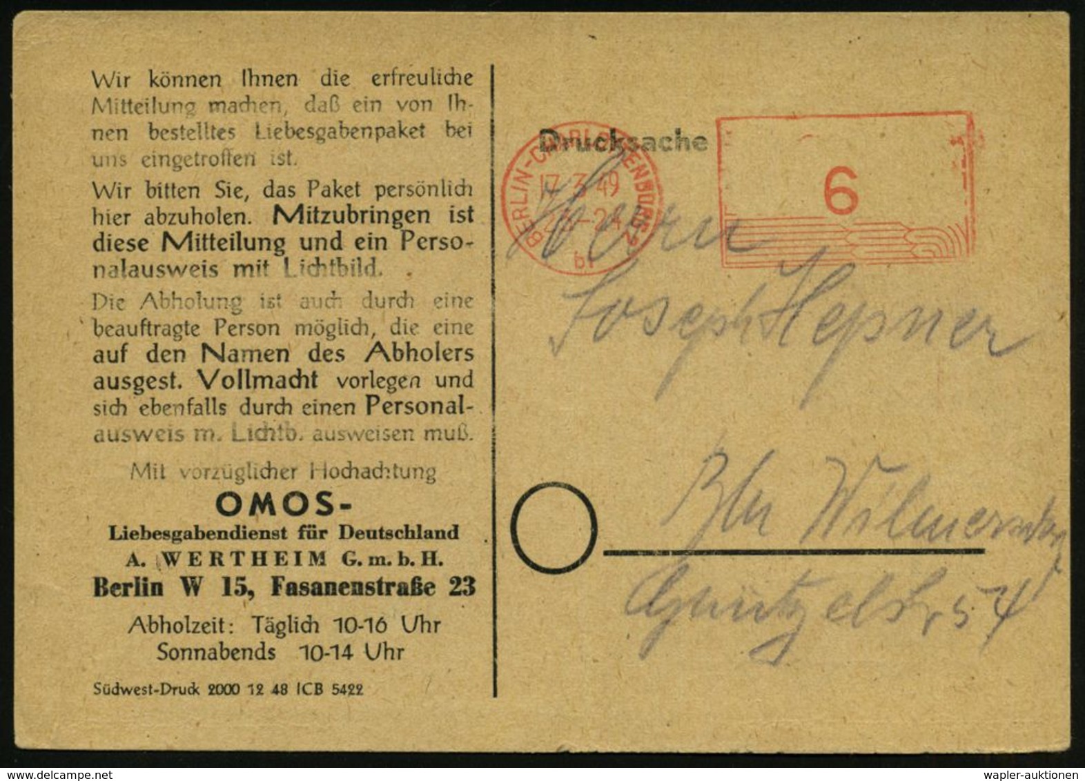 BERLIN-CHARLOTTENBURG 2/ Bl 1949 (17.3.) Aptierter PFS 6 Pf. (NS-Adlerkopf Entfernt) Auf Vordr-Ortskt.: OSMOS-Liebes-gab - Autres & Non Classés