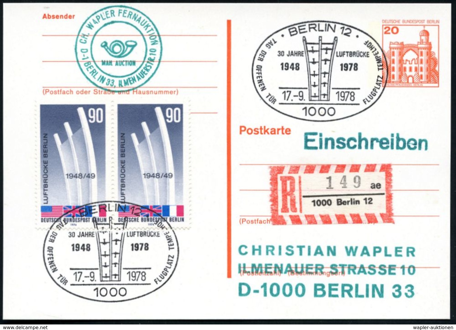 1000 BERLIN 12/ 30 JAHRE LUFTBRÜCKE.. 1978 (17.9.) SSt = Luftbrücken-Denkmal Auf Motiv-ähnl. Paar 90 Pf. Luftbrücken-Den - Autres & Non Classés