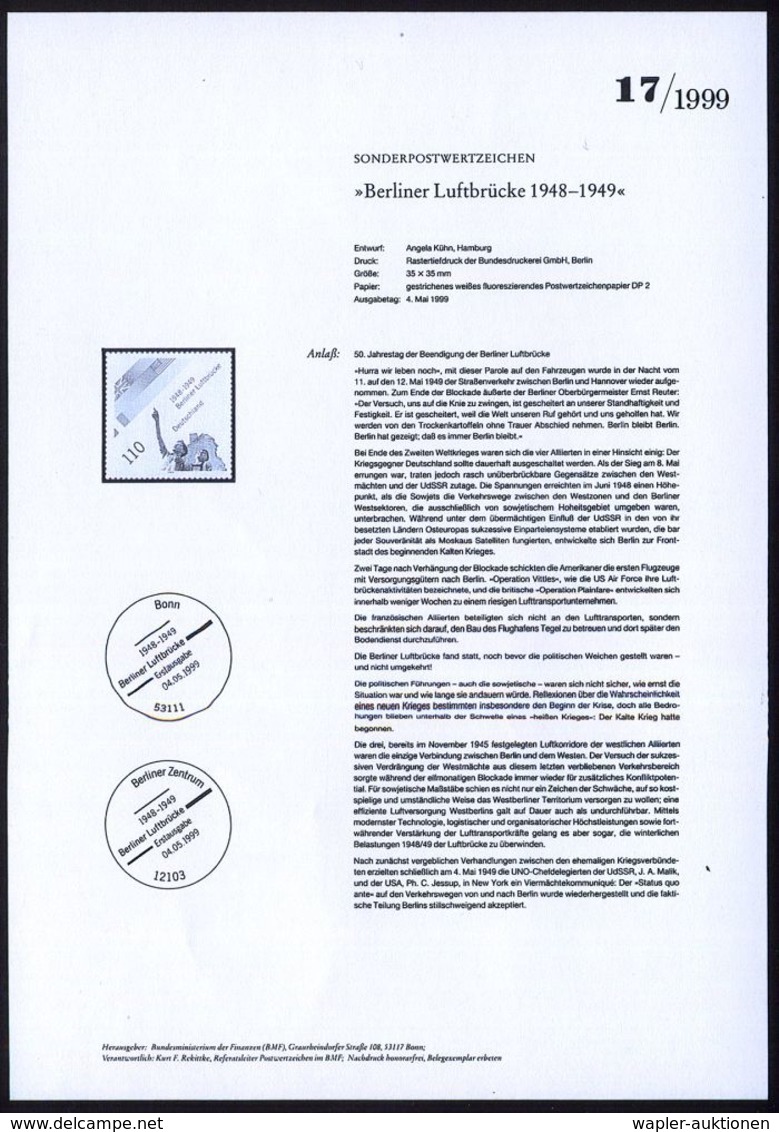 B.R.D. 1999 (Mai) 110 Pf. "50. Jahrestag Ende Der Berliner Luftbrücke" Mit Amtl. Handstempel  "M U S T E R" , Postfr. +  - Autres & Non Classés