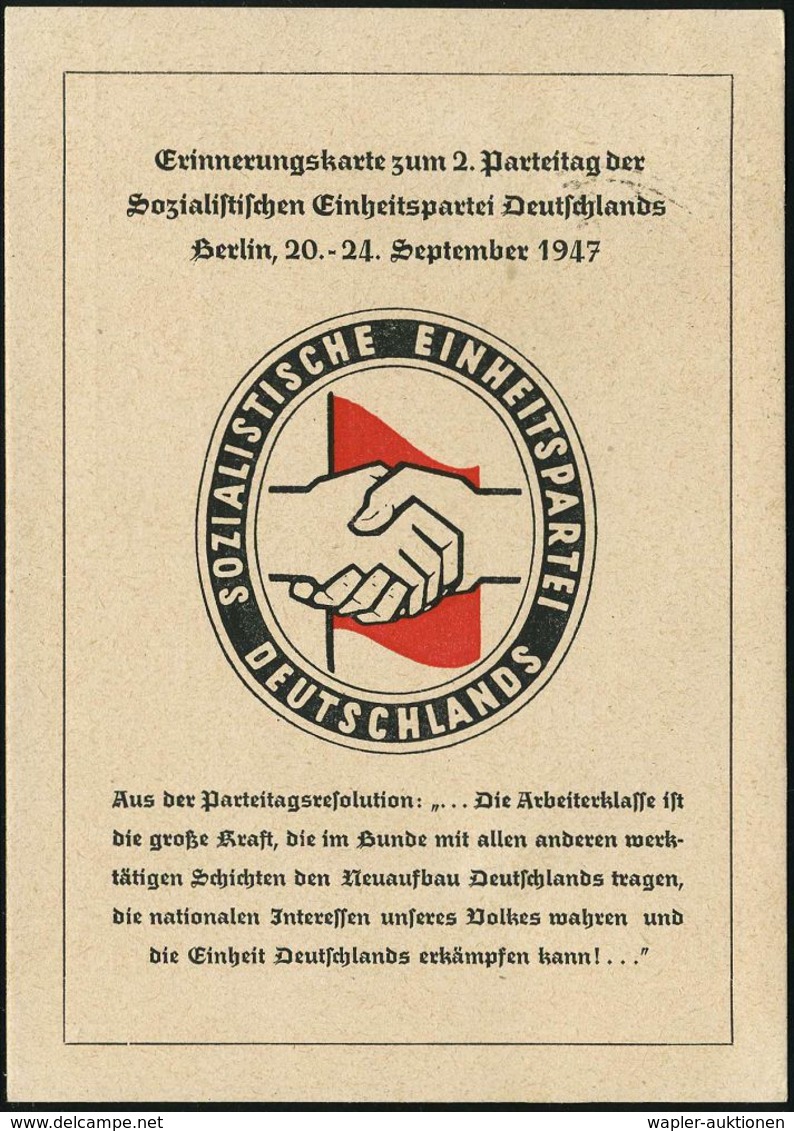 Berlin NW 7 1947 (20.9.) Aptierter SSt  O H N E  Ortsangabe: SED/2.PARTEITAG (2 Hände) Vom Alliierten Kontrollrat Nicht  - Autres & Non Classés