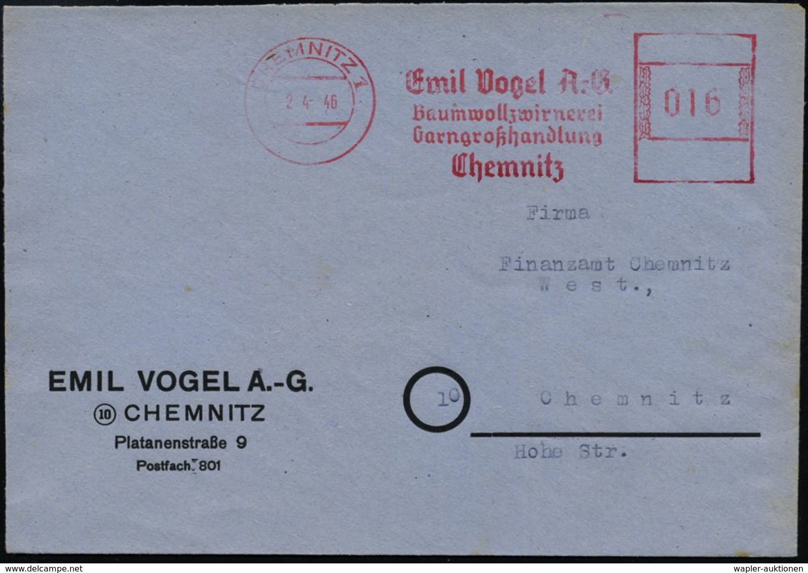 CHEMNITZ 1/ Emil Vogel AG./ Baumwollzwirnerei/ Garngroßhandlung.. 1946 (2.4.) Sehr Seltener, Aptierter AFS "Hakenkreuz"  - Autres & Non Classés