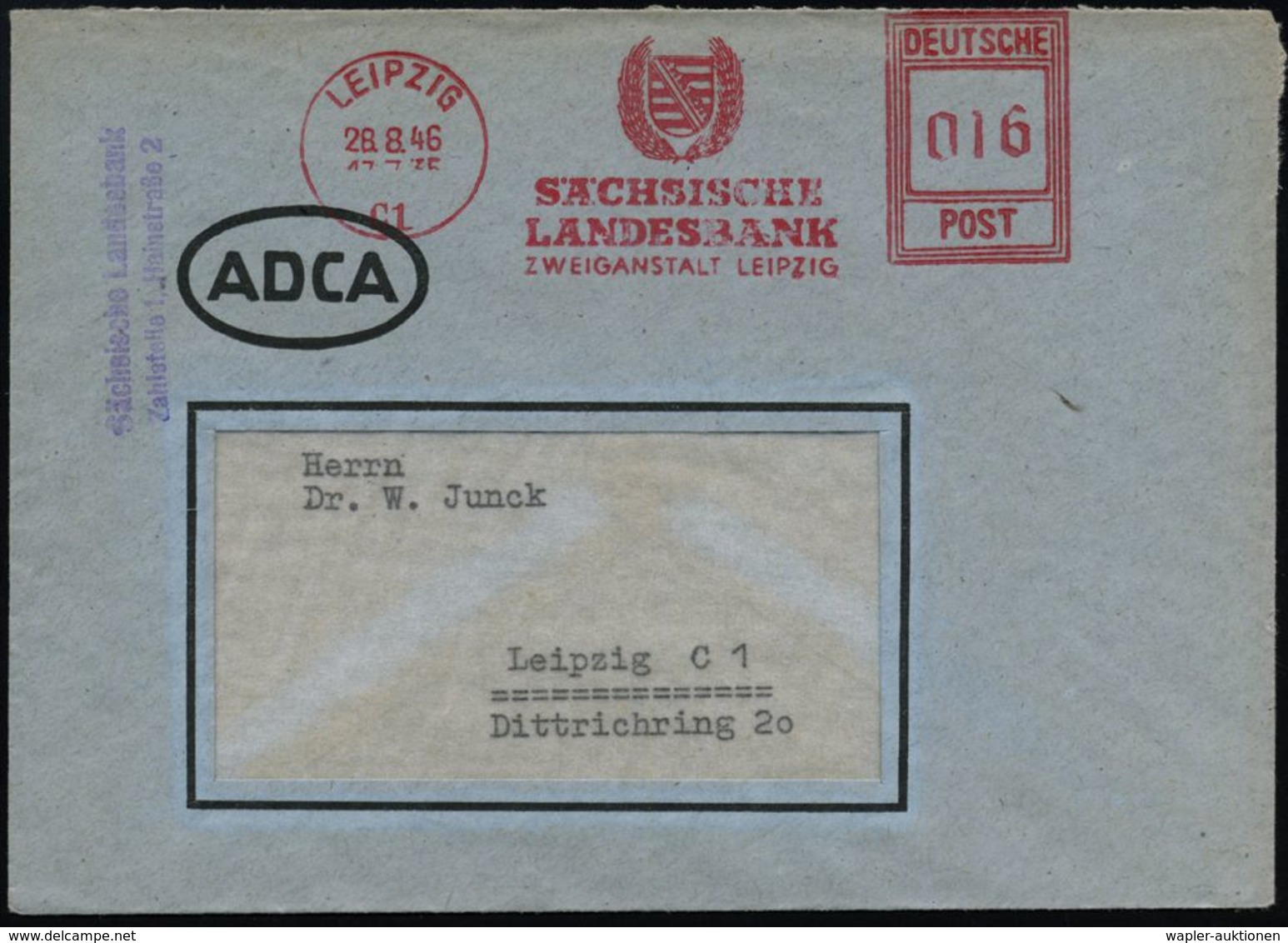 LEIPZIG/ C1/ SÄCHSISCHE/ LANDESBANK 1946 Seltener AFS-Typ "Hochrechteck" Got. Ziffern (Landeswappen) Nach-verwendeter Fi - Sonstige & Ohne Zuordnung