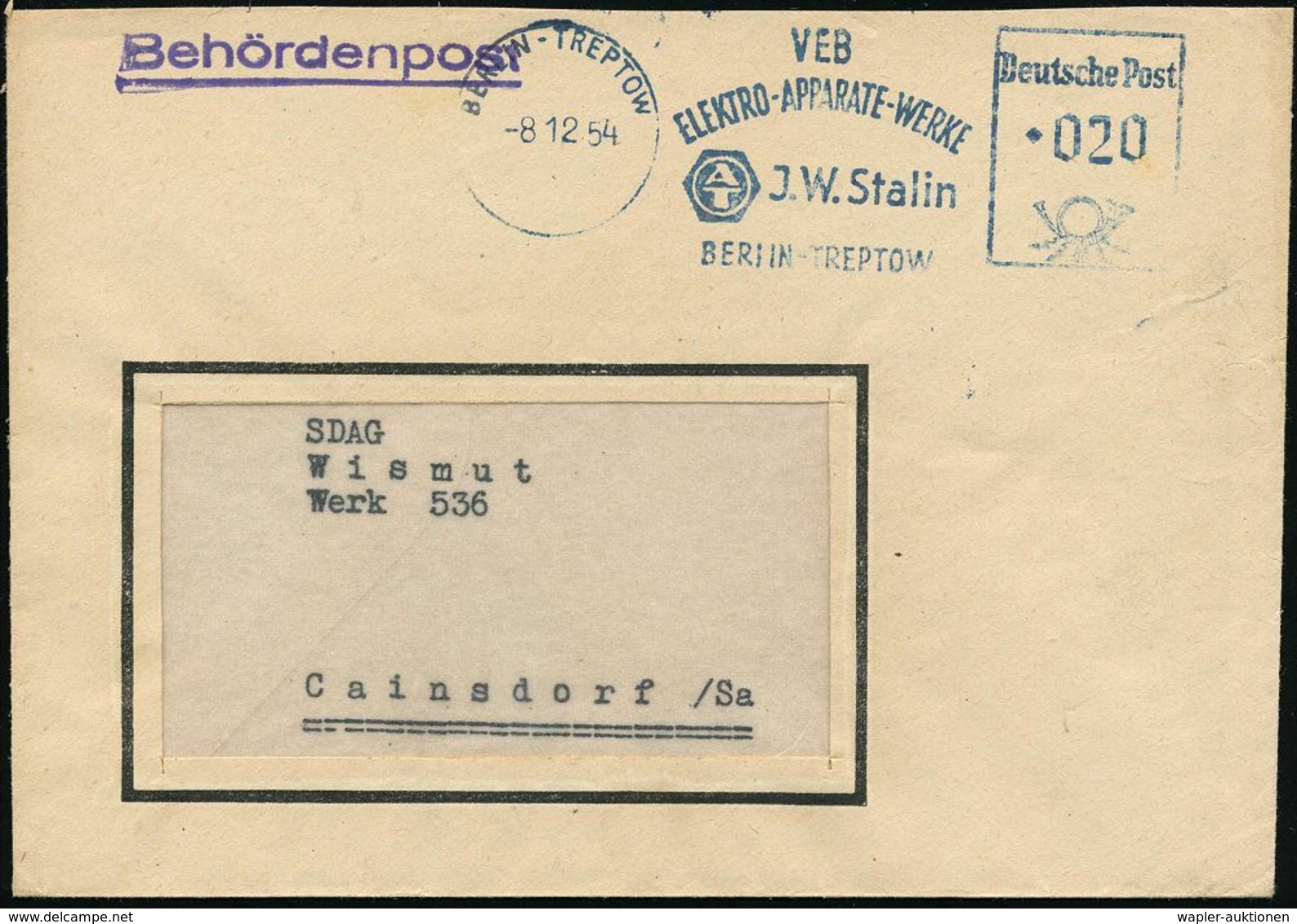 BERLIN-TREPTOW/ VEB/ ELEKTRO-APPARATE-WERKE/ AT/ J.W. Stalin 1954 (8.12.) Blauer AFS = DDR-Dienstfarbe, Vormals S.A.G. , - Autres & Non Classés