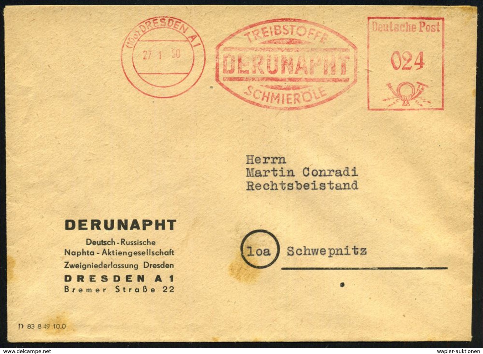 (10a) DRESDEN A1/ TREIBSTOFFE/ DERUNAPHT/ SCHMIERÖLE 1950 (27.1.) AFS Auf Firmen-Bf.: Deutsch-Russische Naphta-AG (kl. F - Autres & Non Classés