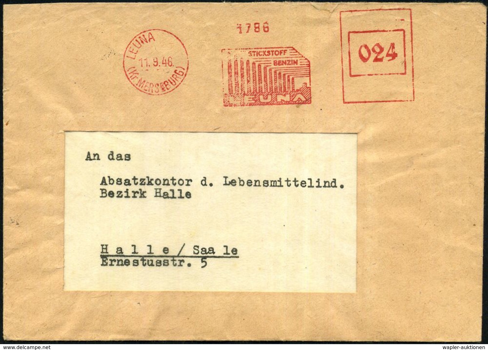 LEUNA     / (Kr MERSEBURG)/ STICKSTOFF/ BENZIN/ LEUNA 1946 (11.9.) Aptierter AFS 024 Pf. "WERKE" Aus Stempel + NS-Adler  - Autres & Non Classés