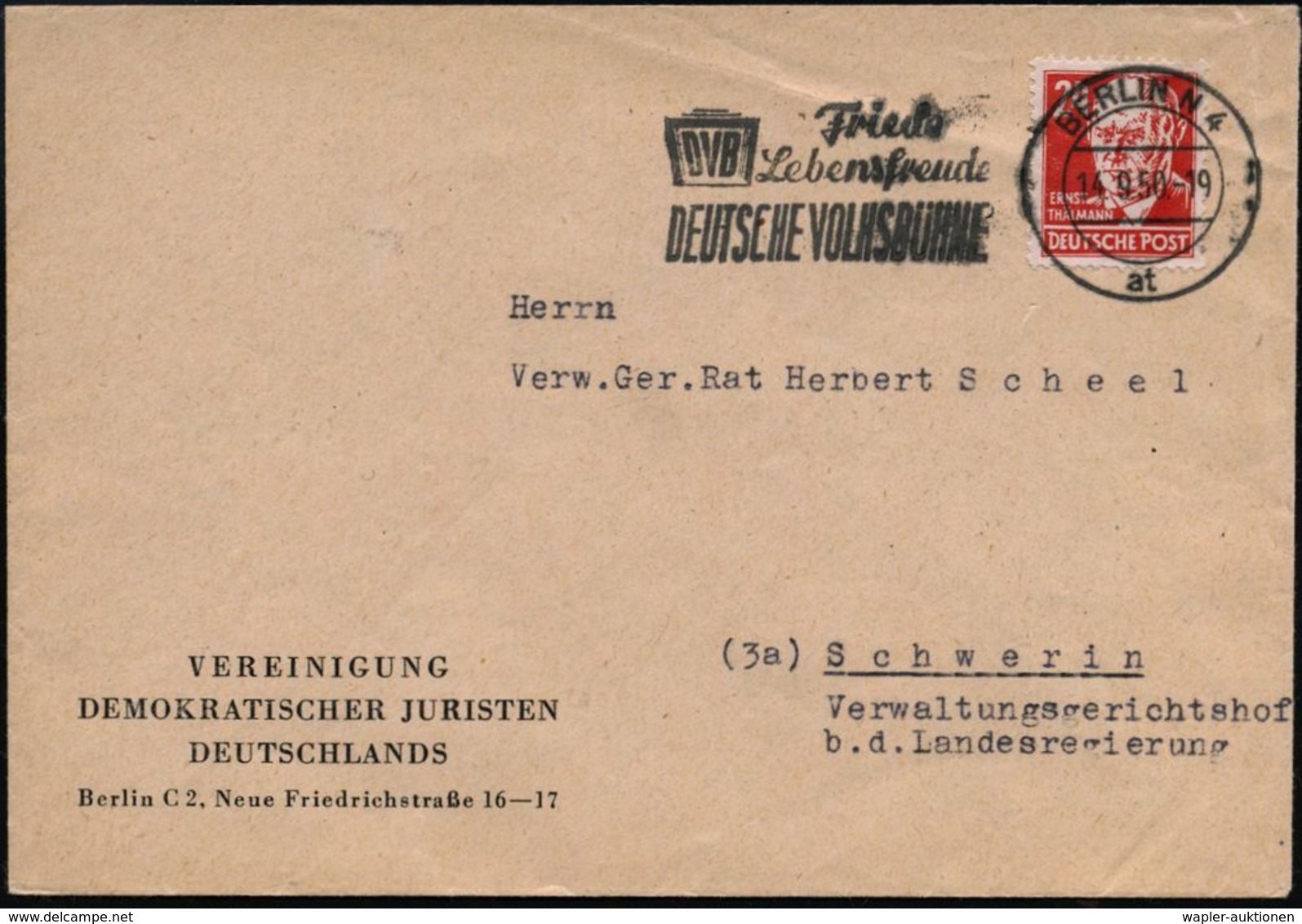 BERLIN N 4/ At/ DVB/ Friede/ Lebensfreude/ DEUTSCHE VOLKSBÜHNE 1950 (14.9.) MWSt Auf EF 24 Pf. Thälmann, , Dienst-Bf.: V - Autres & Non Classés